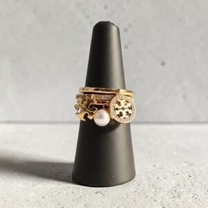 Tory Burch Gold Tone Stackable Ring Set with Logo Charms Pearl & Crystals Size 7